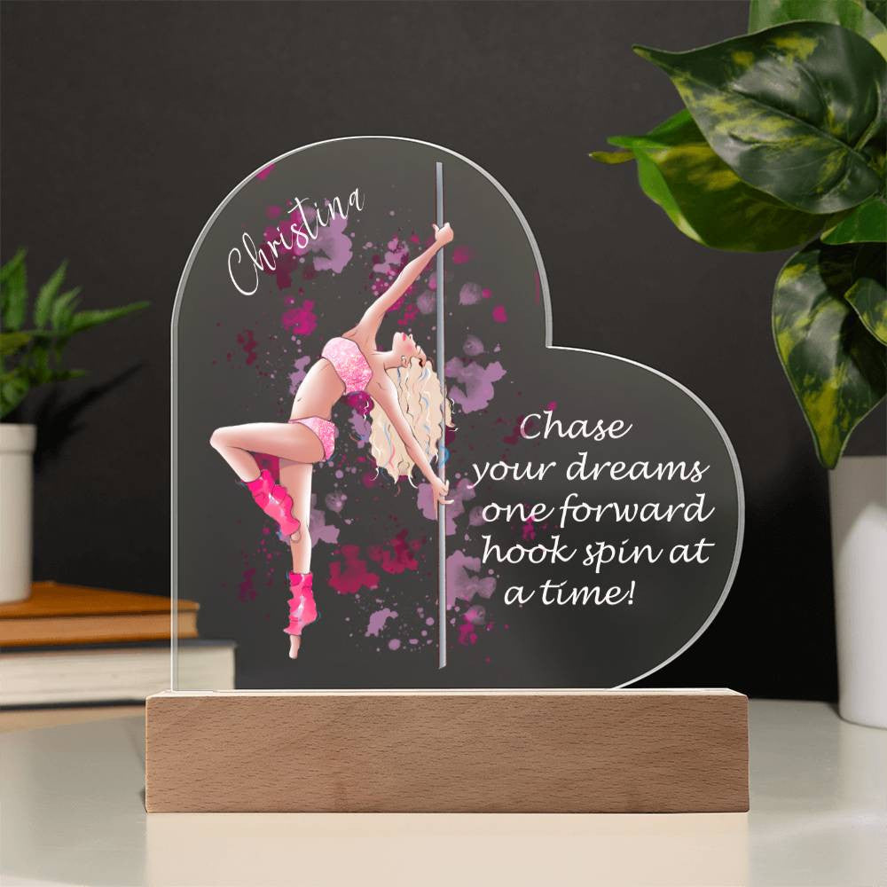 Personalised Name Pole Dancer Heart Shaped Acrylic Plaque with Optional LED Base